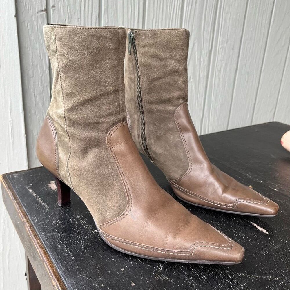 Audrey Brooke Camo Green Suede & Leather Kitten Heel Boots 8.5